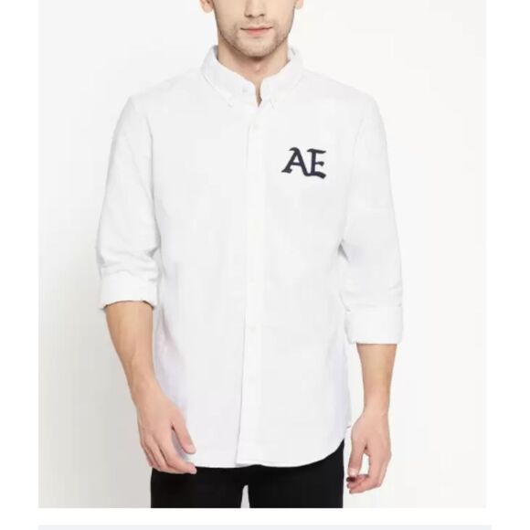American Eagle Embroidered Logo Button Down Shirt-Large-Oxford-White-Navy - Picture 1 of 10